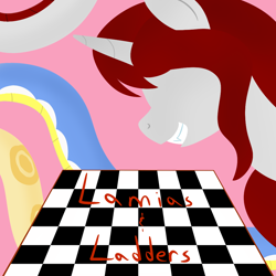 Size: 1000x1000 | Tagged: safe, artist:mightyshockwave, oc, oc:mist reticle, oc:ruby scales, oc:sunny coils, lamia, original species, pony, snake pony, unicorn, fanfic:lamias and ladders, checkerboard, cover pic, fanfic, fanfic art, female, grin, hooves, horn, lineless, mare, minimalist, modern art, smiling, solo