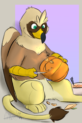 Size: 1200x1800 | Tagged: safe, artist:scruffasus, oc, oc only, oc:serilde, griffon, carving, female, halloween, pumpkin, pumpkin carving, solo, talons