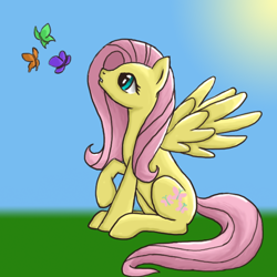 Size: 600x600 | Tagged: safe, artist:dreamyartcosplay, fluttershy, butterfly, pegasus, pony, female, mare, raised hoof, sitting, solo