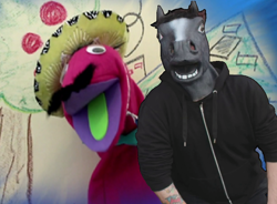 Size: 796x586 | Tagged: safe, edit, edited screencap, screencap, señor huevos, make new friends but keep discord, apple, clothes, crack shipping, facial hair, food, hat, horse head, house, mask, moustache, open mouth, puppet, shipping, sweatshirt, tattoo, timothy packford, tree, window