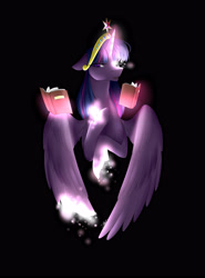 Size: 2863x3859 | Tagged: safe, artist:pipoupip, part of a set, twilight sparkle, twilight sparkle (alicorn), alicorn, pony, big crown thingy, black background, book, disintegration, element of magic, female, floppy ears, glowing horn, hooves to the chest, horn, jewelry, magic, mare, open mouth, regalia, simple background, solo, starry eyes, telekinesis, wingding eyes