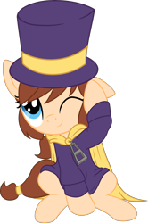 Size: 4041x6095 | Tagged: safe, artist:pink1ejack, edit, pony, a hat in time, absurd resolution, cape, clothes, cute, female, filly, hat, hat kid, one eye closed, ponified, simple background, sitting, smiling, solo, transparent background, vector, weapons-grade cute, wink