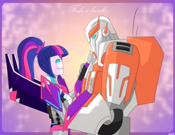 Size: 1280x987 | Tagged: safe, artist:elioo, sci-twi, twilight sparkle, robot, better together, equestria girls, autobot, crossover, crossover shipping, cybertronian, female, male, ratchet (transformers), shipping, species swap, straight, transformers, transformers prime, twibot