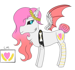 Size: 1160x1079 | Tagged: safe, artist:derpyhooves567, oc, oc only, oc:aphrodite (ice1517), angel, angel pony, demon, demon pony, hybrid, original species, pony, black sclera, bone, chest fluff, coat markings, colored sclera, ear fluff, female, floral head wreath, flower, mare, simple background, solo, transparent background