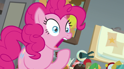 Size: 1920x1080 | Tagged: safe, screencap, pinkie pie, earth pony, pony, the last laugh, female, mare, open mouth, raised hoof, solo