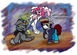 Size: 1053x759 | Tagged: safe, artist:khaki-cap, pinkie pie, oc, oc:blaze, oc:khaki-cap, earth pony, pony, unicorn, birthday, birthday cake, birthday gift, cake, food, messy, messy mane