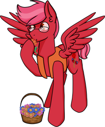 Size: 3369x4088 | Tagged: safe, artist:sevenserenity, oc, oc:ozzy puzzles, pegasus, pony, basket, birb, clothes, flower, glasses, male, simple background, stallion, transparent background, vest