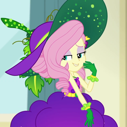 Size: 1080x1080 | Tagged: safe, screencap, fluttershy, better together, equestria girls, holidays unwrapped, bare shoulders, cornucopia costumes, cropped, female, lip bite, o come all ye squashful, sleeveless, smiling, solo