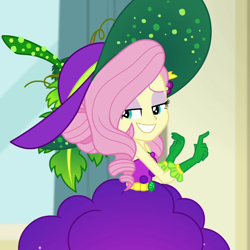 Size: 1080x1080 | Tagged: safe, screencap, fluttershy, better together, equestria girls, holidays unwrapped, bare shoulders, cornucopia costumes, cropped, female, o come all ye squashful, sleeveless, smiling, solo