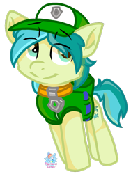 Size: 795x1057 | Tagged: safe, artist:rainbow eevee, sandbar, pony, backpack, cap, clothes, hat, paw patrol, simple background, solo, transparent background