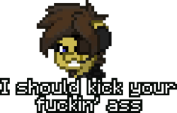 Size: 492x313 | Tagged: safe, oc, oc only, oc:blu skies, pony, angry, edgy, eyepatch, fallout, head only, headset, meme, pixel art, pony town, reaction image, scar, video game, vulgar