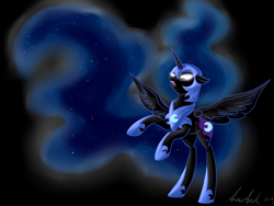 Size: 1400x1050 | Tagged: safe, artist:dreamyartcosplay, nightmare moon, alicorn, pony, black background, ethereal mane, female, glowing eyes, helmet, hoof shoes, mare, peytral, rearing, signature, simple background, solo, starry mane