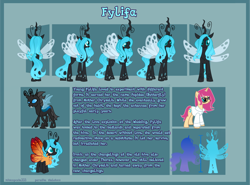 Size: 5650x4188 | Tagged: safe, artist:paradiseskeletons, oc, oc:queen fylifa, changeling, changeling queen, unicorn, blue changeling, changeling oc, changeling queen oc, disguise, disguised changeling, drone, glowing mane, reference sheet