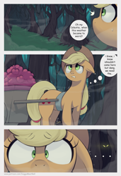 Size: 1248x1824 | Tagged: safe, artist:doggomeatball, derpibooru import, applejack, earth pony, pony, comic:an order more, apple, cart, comic, cowboy hat, dialogue, eyes closed, female, food, forest, glowing eyes, grammar error, hat, mare, solo, stetson, text bubbles, tree, wide eyes