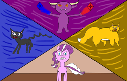 Size: 2460x1584 | Tagged: safe, artist:coltfan97, diamond tiara, oc, oc:dazzle, oc:il, oc:peal, cat, earth pony, pony, 1000 hours in ms paint, colored, flat colors, gemstones, imp, low quality