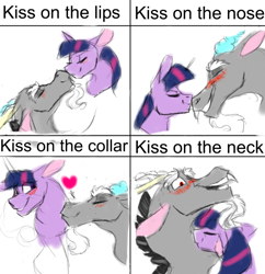 Size: 578x596 | Tagged: safe, artist:d3pressedr4inbow, discord, twilight sparkle, draconequus, pony, blushing, bust, discolight, eyes closed, female, floppy ears, kiss meme, kissing, male, mare, nuzzling, shipping, simple background, smiling, straight, white background