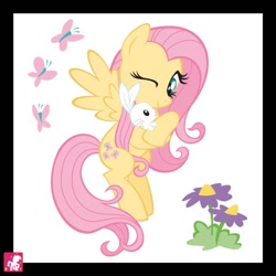 Size: 512x512 | Tagged: artist needed, safe, derpibooru import, angel bunny, fluttershy, twilight sparkle, pegasus, pony, cute, female, hug, male, one eye closed, shyabetes, wink