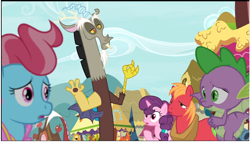 Size: 768x436 | Tagged: safe, screencap, big macintosh, cup cake, discord, spike, sugar belle, dragon, the big mac question