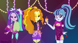 Size: 5000x2800 | Tagged: safe, artist:tabrony23, adagio dazzle, aria blaze, sonata dusk, better together, equestria girls, find the magic, absurd resolution, arm behind head, clothes, gem, looking at you, one eye closed, open mouth, siren gem, taco dress, the dazzlings, the dazzlings have returned, wink