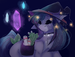 Size: 1024x768 | Tagged: safe, artist:akiiichaos, oc, oc:quartz, earth pony, pony, female, hat, mare, saddle bag, scroll, solo, witch hat