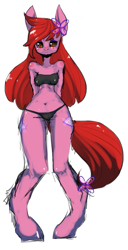 Size: 653x1280 | Tagged: safe, artist:kaknifu, oc, oc only, anthro, earth pony, unguligrade anthro, arm behind back, bikini, both cutie marks, clothes, earth pony oc, female, flower, flower in hair, simple background, solo, swimsuit, white background