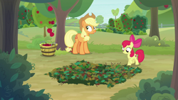 Size: 1280x720 | Tagged: safe, derpibooru import, screencap, apple bloom, applejack, earth pony, pony, going to seed, apple, apple tree, leaves, pit trap, tree