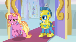 Size: 1920x1080 | Tagged: safe, screencap, gallus, luster dawn, princess flurry heart, griffon, pony, unicorn, the last problem, armor, duo, female, helmet, male, mare, royal guard, royal guard armor, royal guard gallus, stained glass