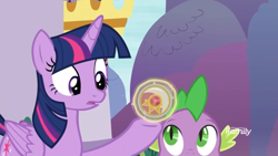 Size: 1366x768 | Tagged: safe, screencap, spike, twilight sparkle, twilight sparkle (alicorn), alicorn, dragon, between dark and dawn, amulet, discovery family logo, jewelry, levitation, magic, telekinesis