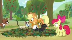 Size: 1280x720 | Tagged: safe, derpibooru import, screencap, apple bloom, applejack, winona, cat, dog, earth pony, pony, going to seed, apple, apple tree, collar, dog collar, female, filly, foal, mare, pit trap, siamese cat, tree