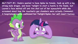 Size: 1920x1080 | Tagged: safe, edit, edited screencap, screencap, spike, twilight sparkle, twilight sparkle (alicorn), alicorn, dragon, between dark and dawn, caption, cutie map, fake, implied barb, op is a cuck, op is trying to start shit so badly that it's kinda funny, text, winged spike