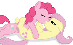 Size: 900x553 | Tagged: safe, artist:theguythataidspeople, derpibooru import, fluttershy, pinkie pie, earth pony, pegasus, pony, eyes closed, female, flutterpie, kissing, lesbian, mare, shipping, simple background, white background, wingless