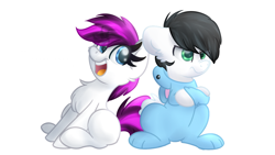 Size: 1024x576 | Tagged: safe, artist:littleblackraencloud, edit, oc, oc only, oc:blitz flame, oc:ember frost, pony, background added, chest fluff, cute, duo, easter, easter bunny, female, holiday, male, mare, simple background, stallion, white background