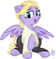 Size: 990x1046 | Tagged: safe, artist:rainbow eevee, oc, oc only, oc:lily missick, pegasus, pony, blonde, blonde mane, clothes, female, leggings, lidded eyes, raised hoof, reno high school, simple background, skinny, solo, spread wings, sweater, transparent background, wat, wings