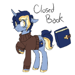 Size: 3500x3500 | Tagged: safe, anonymous artist, oc, oc:closed book, pony, unicorn, /mlp/, 4chan, clothes, drawthread, male, reference sheet, simple background, solo, stallion, sweater, transparent background