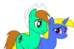 Size: 1266x846 | Tagged: safe, artist:kayman13, oc, oc only, oc:callion disney, oc:kellen, unicorn, female, hat, looking at each other, male, simple background, smiling, transparent background