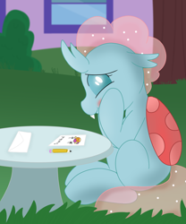 Size: 2550x3067 | Tagged: safe, artist:skyflys, ocellus, smolder, changedling, changeling, blushing, cute, cute little fangs, diaocelles, drawing, envelope, fangs, female, lesbian, note, school of friendship, shipping, sitting, smolcellus, solo, teenager