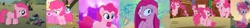 Size: 4392x499 | Tagged: safe, derpibooru import, screencap, madame leflour, pinkie pie, sir lintsalot, earth pony, pony, party of one, rainbow roadtrip, the cutie mark chronicles, the last problem, too many pinkie pies, abstract background, clone, cropped, cute, deranged, diapinkes, dust bunny, female, filly, filly pinkie pie, grin, hat, mare, messy mane, microphone, older pinkie pie, party hat, pinkamena diane pie, pinkie clone, pronking, sad, slasher smile, smiling, solo, wall eyed, younger