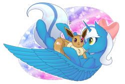 Size: 1088x734 | Tagged: safe, artist:renathesnakecharmers, oc, oc:fleurbelle, alicorn, pony, alicorn oc, bow, eevee, female, hair bow, happy, hug, mare, pokémon