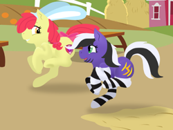 Size: 480x360 | Tagged: safe, artist:taylor huski, derpibooru exclusive, apple bloom, oc, oc:lightning stripe, pony, barn, black and white mane, bow, bunny ears, clothes, gift art, golden eyes, green eyes, haystack, makeup, red mane, running, smiling, socks, striped socks, stripes, sweet apple acres, tail bow, two toned mane, yellow coat