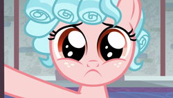 Size: 1280x720 | Tagged: safe, edit, edited screencap, screencap, cozy glow, pegasus, pony, school raze, cozy glow is best facemaker, cozybetes, cute, door, female, filly, foal, frown, inverted mouth, looking at you, reaction image, sad, sadorable, solo, wide eyes