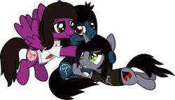 Size: 2317x1333 | Tagged: safe, artist:lightningbolt, derpibooru exclusive, earth pony, pegasus, pony, undead, unicorn, zombie, zombie pony, .svg available, annoyed, bone, clothes, disguise, disguised siren, fangs, flying, frown, group, group hug, hair over one eye, hape, horn, hug, kellin quinn, lip piercing, long sleeves, looking back, male, nose piercing, oliver sykes, piercing, ponified, prone, scar, shirt, simple background, sitting, smiling, stallion, stitches, svg, t-shirt, tongue out, transparent background, trio, vector, vic fuentes, wings