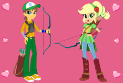 Size: 870x588 | Tagged: safe, artist:owletbrigthness, applejack, caramel, equestria girls, friendship games, archery, carajack, equestria girls-ified, female, male, shipping, straight