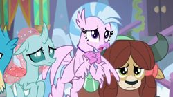 Size: 1920x1080 | Tagged: safe, screencap, gallus, ocellus, silverstream, yona, changedling, changeling, classical hippogriff, hippogriff, yak, uprooted, bow, female, hair bow