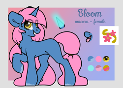 Size: 2500x1792 | Tagged: safe, artist:itsspoopsb, artist:spoopygander, oc, oc only, oc:bloom (ender), pony, unicorn, cute, female, glowing horn, horn, looking at you, mare, reference, reference sheet, smiling, solo, text, tongue out