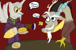 Size: 1000x650 | Tagged: safe, artist:theguythataidspeople, discord, oc, alicorn, draconequus, pony, 1000 hours in ms paint, alicorn oc, cheese, food, hoof hold, plate, ponified, sheogorath, speech bubble, the elder scrolls