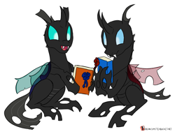 Size: 1255x962 | Tagged: safe, artist:teabucket, oc, oc only, oc:coxa, oc:mimesis, changeling, book, male, patreon, patreon logo, red changeling