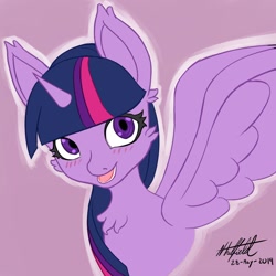 Size: 1024x1024 | Tagged: safe, artist:nlhetfield, twilight sparkle, twilight sparkle (alicorn), alicorn, pony, looking at you, open mouth, purple background, signature, simple background, solo