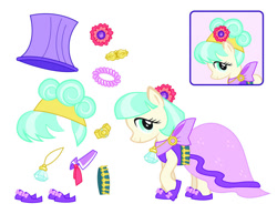Size: 750x580 | Tagged: safe, coco pommel, pony, clothes, concept art, cutie mark magic, dress, flower, hotel chic, key, shoes, toy