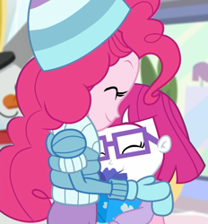 Size: 1003x1080 | Tagged: safe, screencap, little red, pinkie pie, better together, equestria girls, holidays unwrapped, canterlot mall, child, clothes, cropped, cute, dawwww, diapinkes, female, gift giving, glasses, hat, heartwarming, hug, mittens, sweet dreams fuel, winter break-in, winter hat, winter outfit