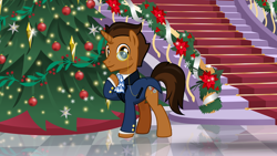 Size: 3200x1800 | Tagged: safe, artist:nstone53, oc, oc:copper plume, unicorn, christmas, christmas tree, clothes, commission, commissioner:imperfectxiii, freckles, gala suit, grand galloping gala, holiday, jabot, male, monocle, solo, stairs, suit, tree